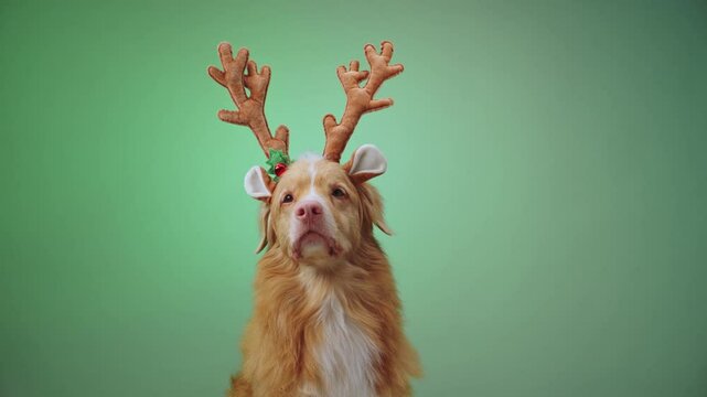 A Nova Scotia Duck Tolling Retriever wears festive reindeer antlers and poses sweetly against a green gradient background, capturing a holiday-themed joyful moment.