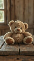 Adorable teddy bear resting on rustic wooden table, vintage, animal