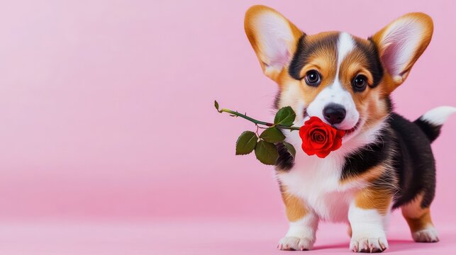 Adorable Corgi puppy holding a red rose on pink, ideal for a Valentine's card design.
