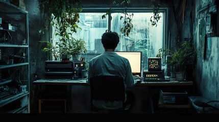 Fototapeta premium Person working on computer in a lush, indoor workspace