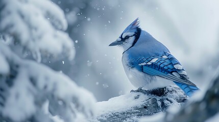A bright blue jay perched elegantly, its feathers contrasting against the white backdrop.