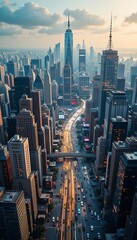Naklejka premium A bustling cityscape with digital overlays of trade routes