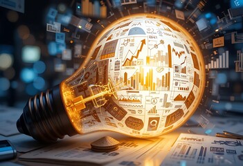 A glowing lightbulb filled with statistical charts and diagrams