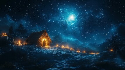 Nativity Scene: Wooden Stable at Night with Dark Blue Stars and Copy Space