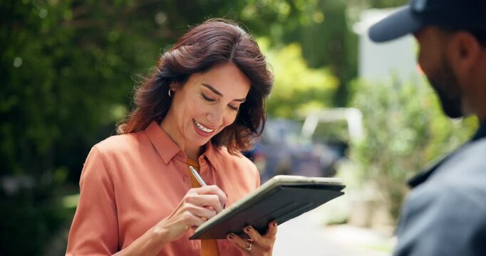 Parcel, delivery man and woman with tablet for signature, safety compliance and proof of shipment. Courier service, worker or female customer with checklist of package, logistics or ecommerce for box