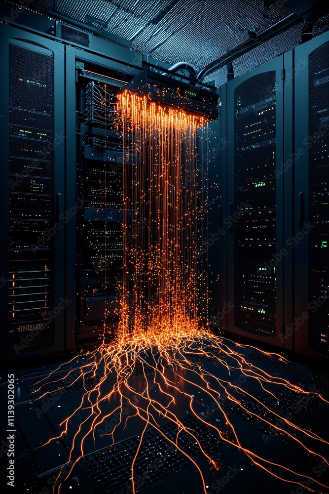 Poster a dynamic data center floating in the sky, vibrant streams of data connecting to various devices, et