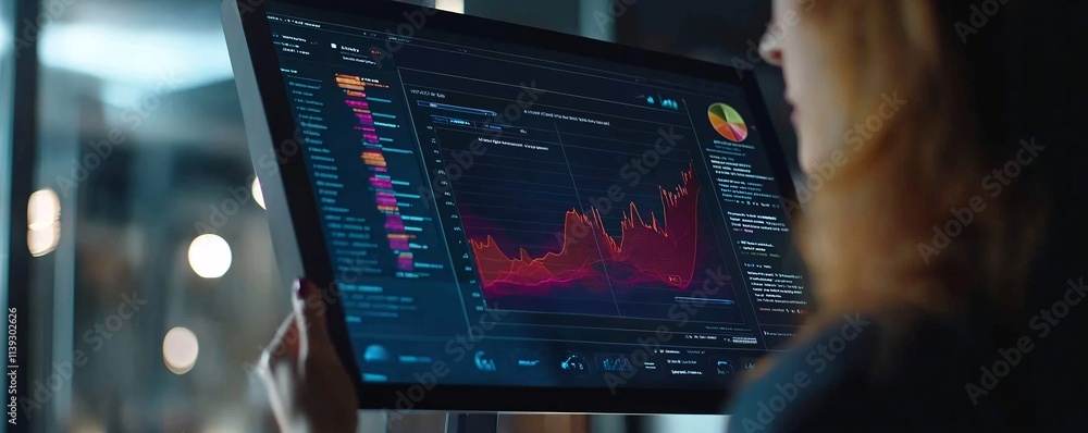 Poster a sophisticated analytics dashboard displayed with holographic technology, ai-driven robots analyzin