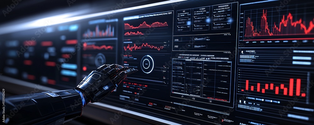 Poster a sophisticated analytics dashboard displayed with holographic technology, ai-driven robots analyzin