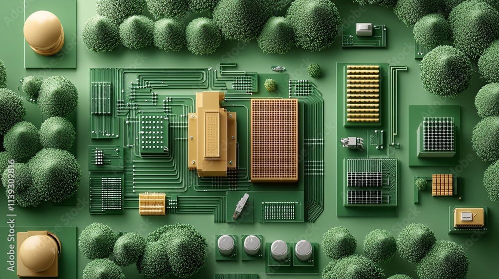 Poster a visual metaphor of growth with automation, trees of circuits sprouting, robots planting seeds of i