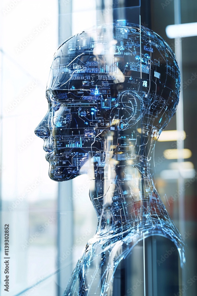 Poster robots and humans co-developing projects on a holographic interface, teamwork and technology intertw