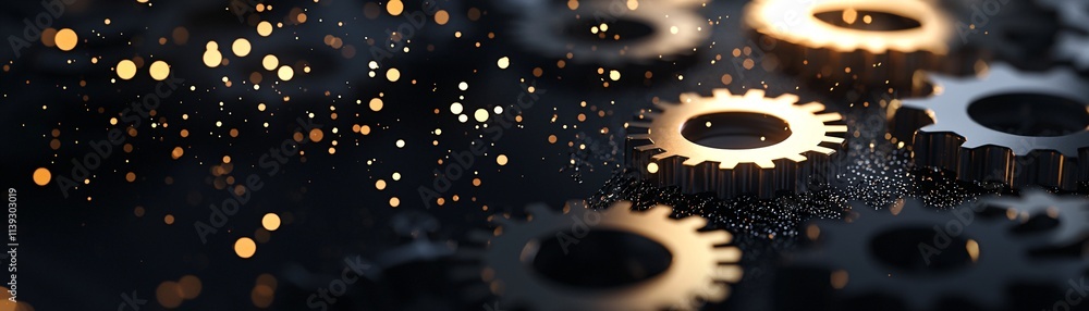 Poster automated systems optimizing industrial processes, glowing gears and machines in sync, dynamic light