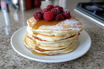 Stack of fluffy pancakes topped with fresh raspberries and drizzled with syrup on a plate, perfect for breakfast or brunch, showcasing deliciousness and comfort food.