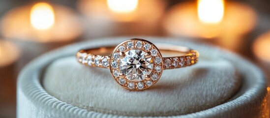 Diamond halo engagement ring in a box.