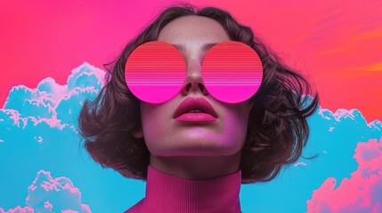 Vibrant fashion portrait of a woman with artistic sunglasses studio setting digital art colorful background