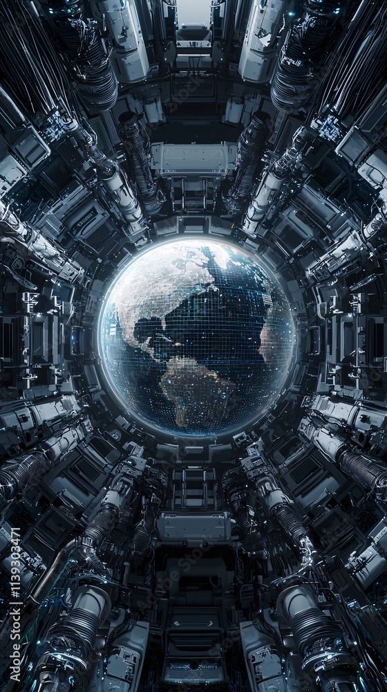 Poster a giant digital globe surrounded by automated devices exchanging real-time data, sleek futuristic vi