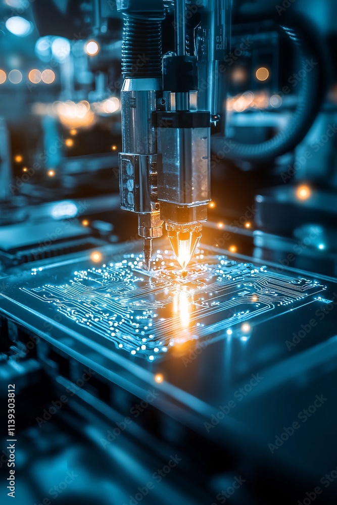Poster automation in action solving complex industrial problems, illustrated as dynamic circuits connecting