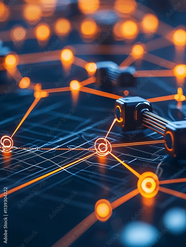 Poster streamlined manufacturing processes with glowing pathways illustrating optimization, industrial robo