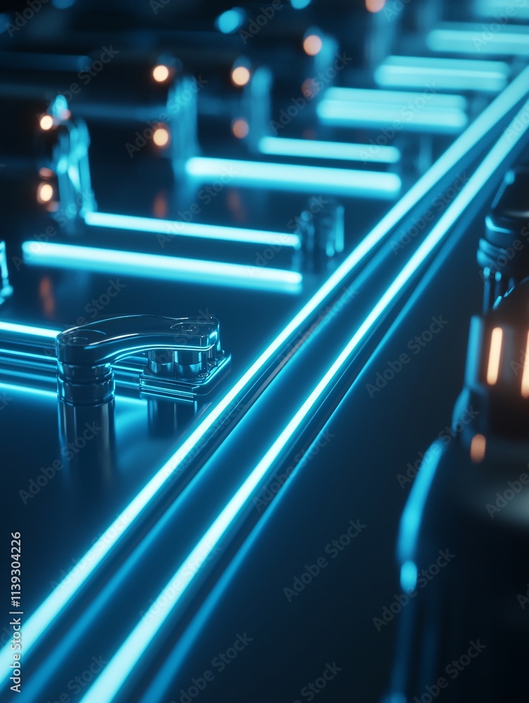 Poster streamlined manufacturing processes with glowing pathways illustrating optimization, industrial robo