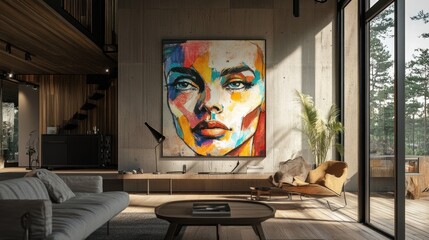 Modern Living Room with Abstract Colorful Portrait
