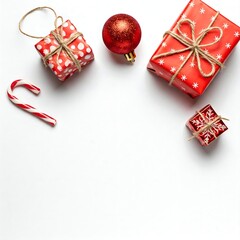 Christmas composition with red gifts, a decorative bauble and a candy cane, over a white background, ideal for design or messages.