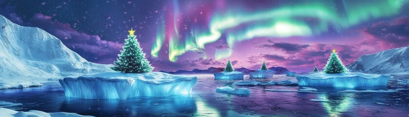 Surreal Winter Landscape with Icebergs and Northern Lights