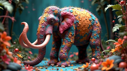 Obraz premium 3D render of a mammoth neural jungle made entirely of colorful and vibrant dry paint chips, ripped colorful fabric