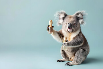 Koala with a bottle of champagne and a glass in his hands on a blue background