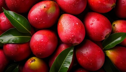 Flat Lay Top View of Bright Ripe Fragrant Red Manggo Fruit as Background