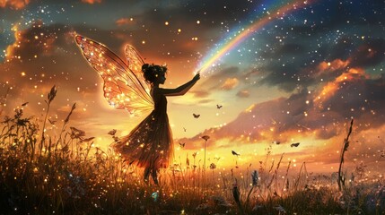 Obraz premium A Fairy Creates A Rainbow In A Magical Field