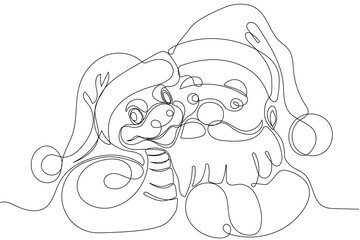 Cute cartoon Santa Claus and green snake stand next to the winter trees with Christmas gifts.. Cartoon Santa Claus with snake on blue background. Vector illustration