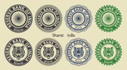 Vector graphic set of financial fictional Indian seals. Collection of round icons with round pattern, head of tiger, inscription reserve bank of India. Emblems or badges.