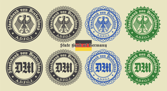Vector graphic set of financial fictional seals. Collection of round icons with imperial eagle and letters DM, inscription in German means State bank of Germany. Collection emblems or badges.