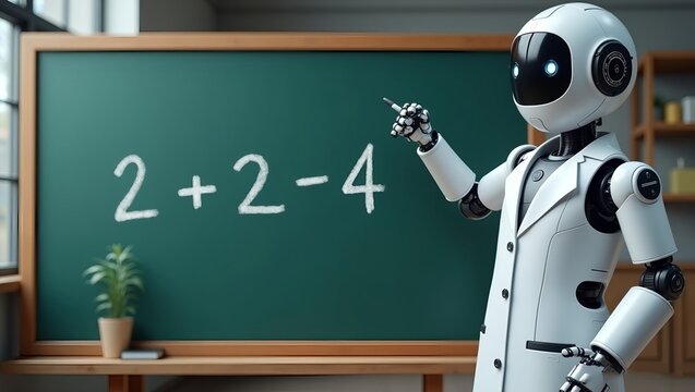 A photo of a robot writing on a chalkboard. The chalkboard has the equation 