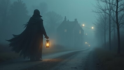 painting of a mysterious traveler standing alone on a deserted village foggy road holds a warm, golden lantern ghostly dark and eerie 