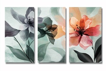 Abstract Floral Triptych Painting Green Orange Red Flowers