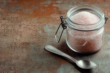 Glass Jar Filled with Pink Himalayan Salt on Rustic Surface with Metal Spoon for Culinary Context or Spa Treatment Imagery in Natural Setting