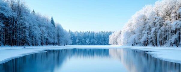 Serene Winter Landscape with Frozen Lake and Snowy Trees