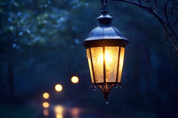 Illuminated Vintage Lantern Glows Amidst Rainy Evening, Casting Warm Light on a Mysterious Pathway...