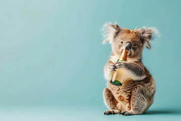 Koala party christmas with a bottle of champagne and a glass in his hands on a grey background