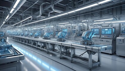Naklejka premium Futuristic Automated Factory Assembly Line with Robotic Arms and Advanced Technology