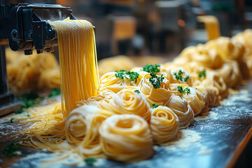 Pasta being made in an industrial factory, with fresh dough being shaped into various pasta types. Ideal for culinary, food processing, and manufacturing themes