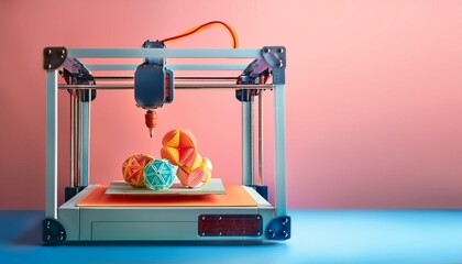 3D illustrations from consumer and future technology concepts: 3D printer creating intricate objects, futuristic manufacturing process.