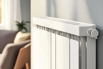 white heating radiator hanging on the wall in the living room, close-up
