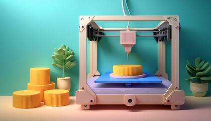 3D illustrations from consumer and future technology concepts: 3D printer creating intricate objects, futuristic manufacturing process.