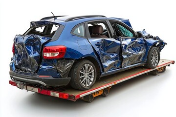 accident Car Slide on truck for move. Blue car have damage by accident on road take with slide truck move . , isolated on white background,  , copy space, copy space for text,