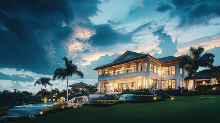 Obraz premium Twilight showcase of luxurious mansion private estate architectural photography evening atmosphere elevated perspective capturing radiance