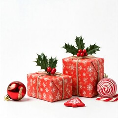 Christmas scene with red gifts decorated with holly, ornaments, and a candy cane on a white background, ideal for festive designs.

