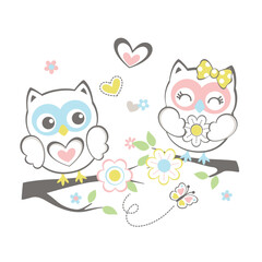 Adorable owl vector illustration with beautiful flower decoration