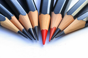 one red pencil and ten black ones laid out in a semicircle