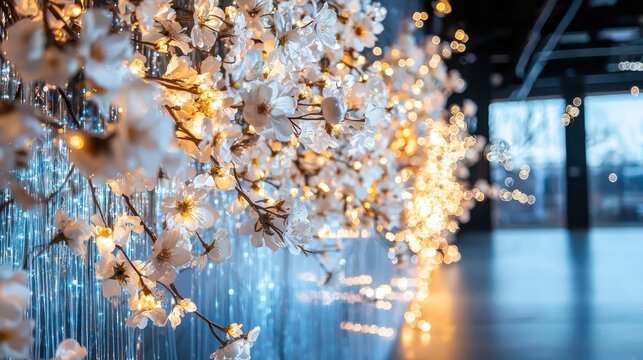 Elegant flower wall adorned with crystals and twinkling lights for evening receptions event space photography soft ambient glow